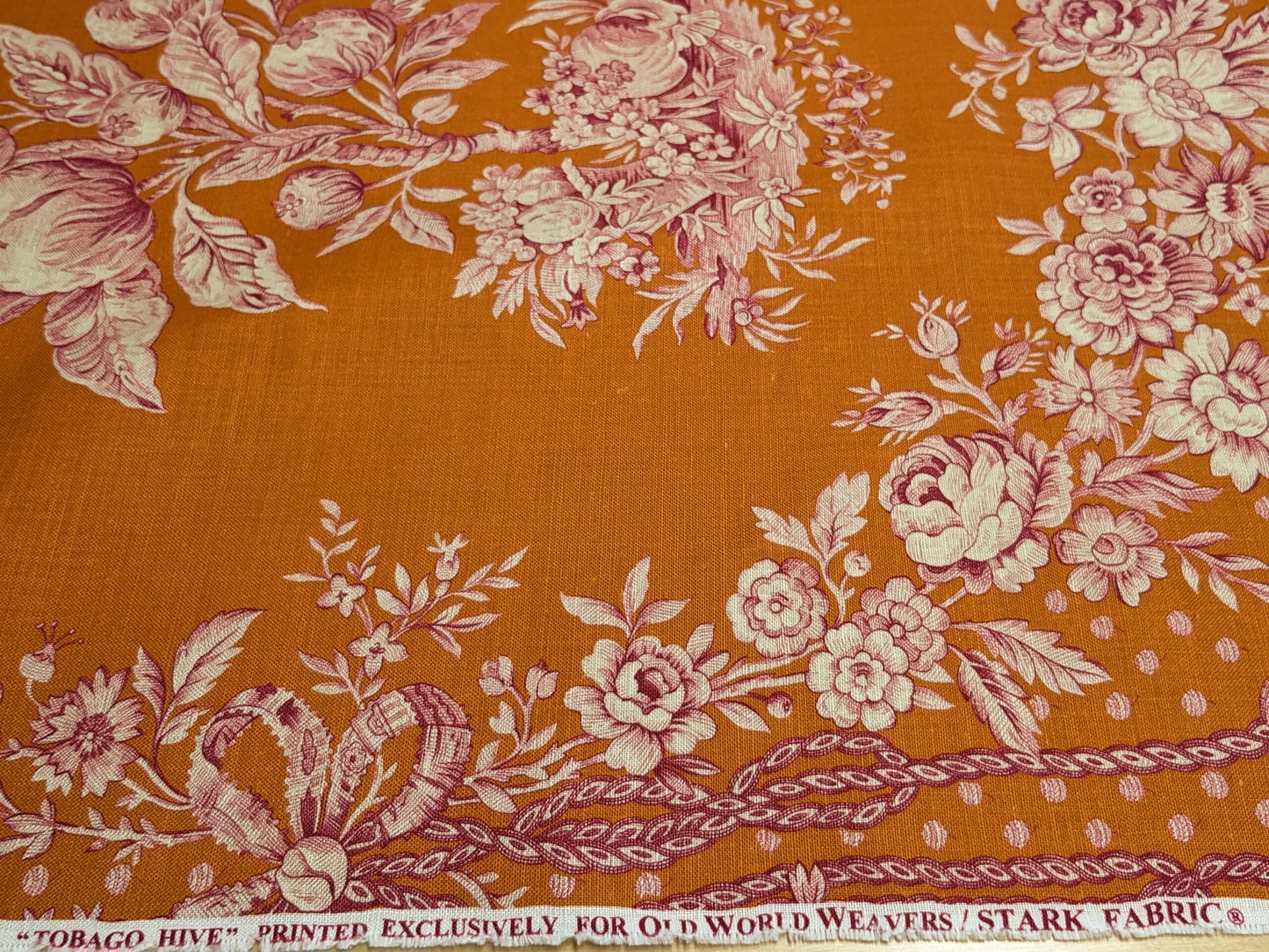 Scalamandre Tobago Hive Papaya Raspberry Pink Linen Print Tropical Apiculture Beekeeping Tropical Flowers Ribbon Tassel MSRP 280/y