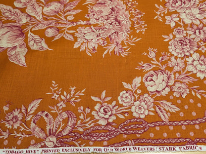 Scalamandre Tobago Hive Papaya Raspberry Pink Linen Print Tropical Apiculture Beekeeping Tropical Flowers Ribbon Tassel MSRP 280/y