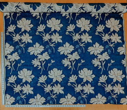 Scalamandre Flore Batik Poly Indigo Blue Floral White Magnolia Cotton Damask MSRP 472/y