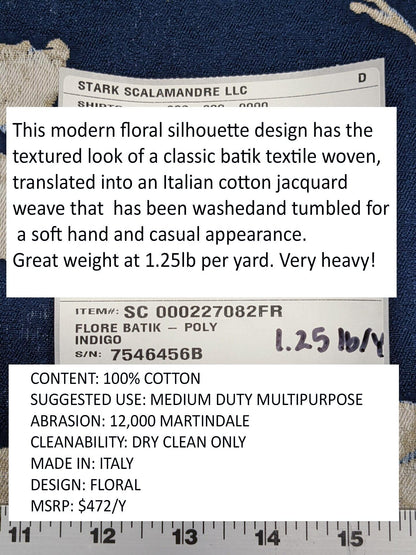 Scalamandre Flore Batik Poly Indigo Blue Floral White Magnolia Cotton Damask MSRP 472/y
