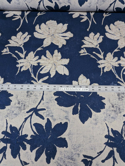 Scalamandre Flore Batik Poly Indigo Blue Floral White Magnolia Cotton Damask MSRP 472/y