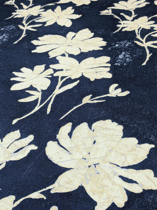 Scalamandre Flore Batik Cotton Damask - Indigo Blue Floral White Magnolia