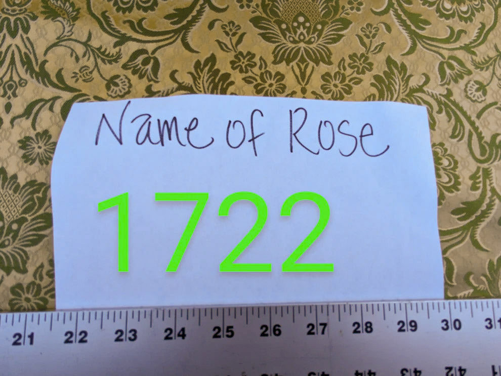 In Name of Rose Medallion Acanthus Renaissance Silk Damask Jacquard Pale Honeydew Green  & Gold MSRP USD 225/Y
