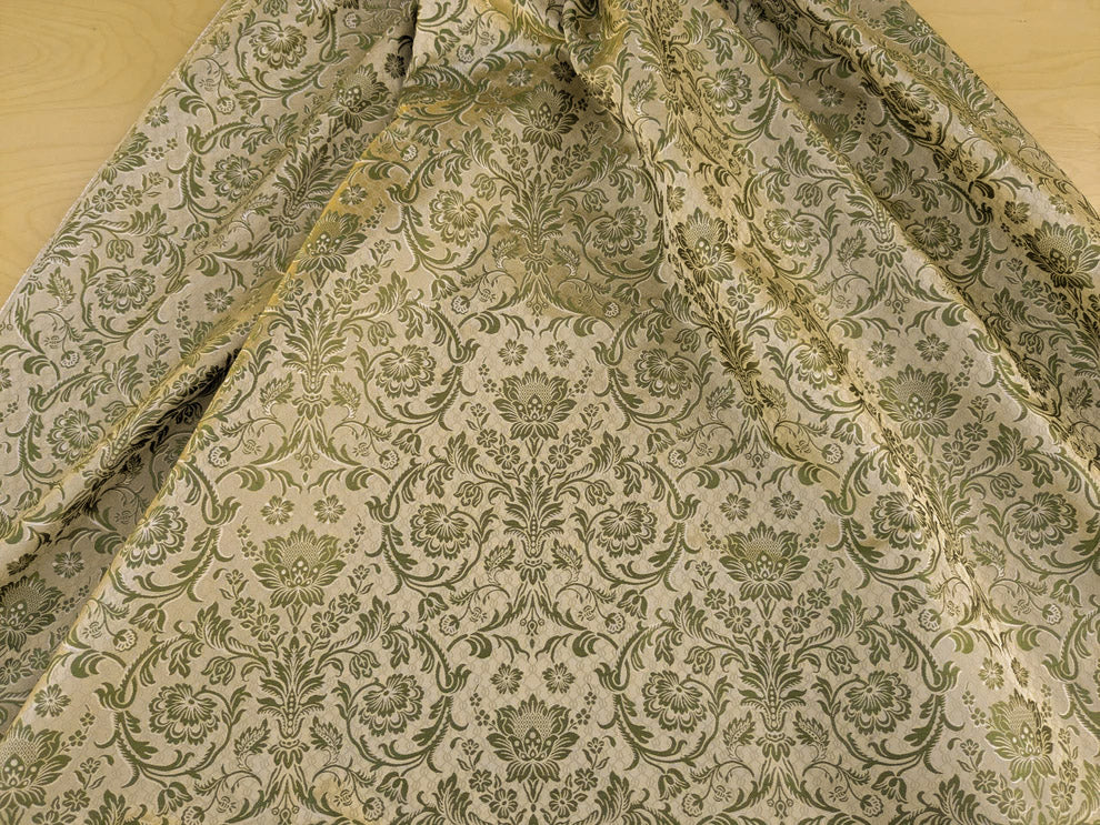 In Name of Rose Medallion Acanthus Renaissance Silk Damask Jacquard Pale Honeydew Green  & Gold MSRP USD 225/Y