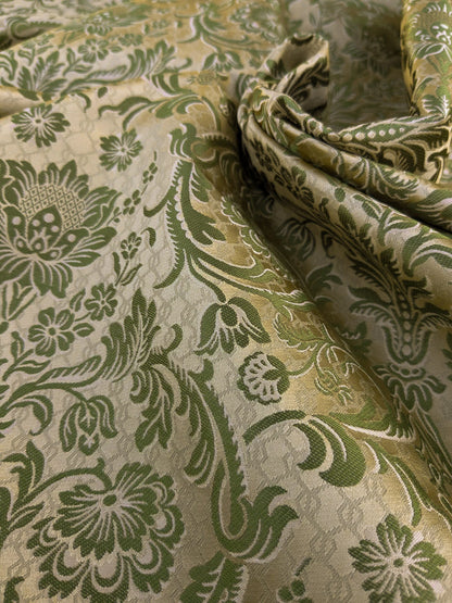 In Name of Rose Medallion Acanthus Renaissance Silk Damask Jacquard Pale Honeydew Green  & Gold MSRP USD 225/Y