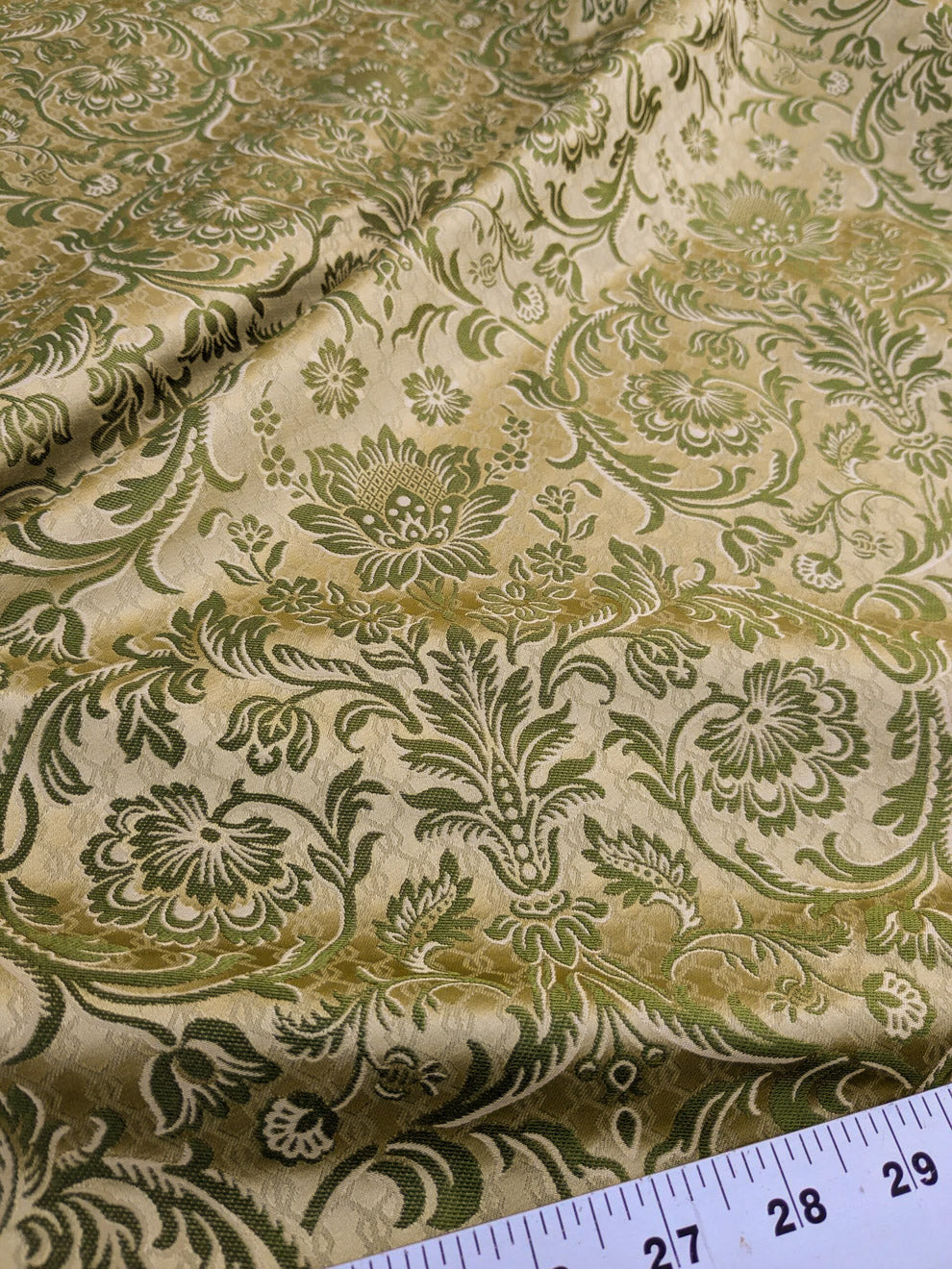 In Name of Rose Medallion Acanthus Renaissance Silk Damask Jacquard Pale Honeydew Green  & Gold MSRP USD 225/Y