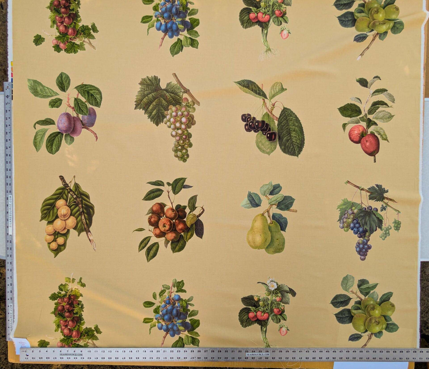 By Vertical Repeat 40 Inches Scalamandre Les Fruits Multi on Maize Grape Strawberry Cherry Plum Pear Blue MSRP USD 220/Y