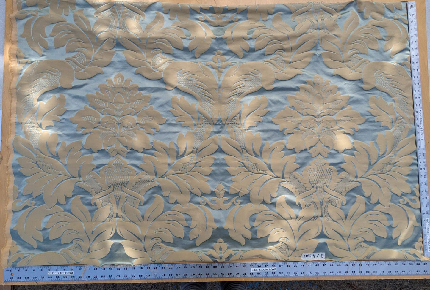 By Yard Loggia Silk Cotton Renaissance Damask Satin Aqua Light Blue Beige  Highest Quality MSRP USD 500+/Y