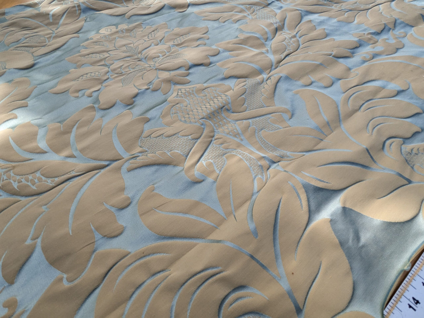 By Yard Loggia Silk Cotton Renaissance Damask Satin Aqua Light Blue Beige  Highest Quality MSRP USD 500+/Y