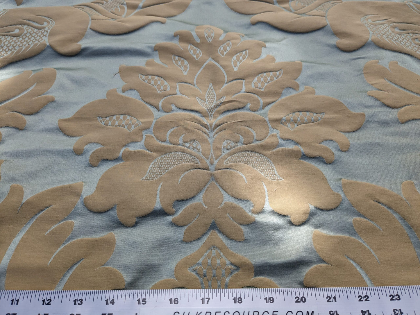 By Yard Loggia Silk Cotton Renaissance Damask Satin Aqua Light Blue Beige  Highest Quality MSRP USD 500+/Y