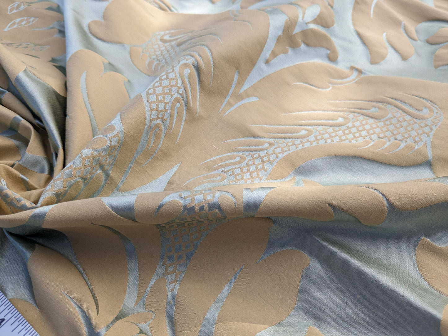 By Yard Loggia Silk Cotton Renaissance Damask Satin Aqua Light Blue Beige  Highest Quality MSRP USD 500+/Y