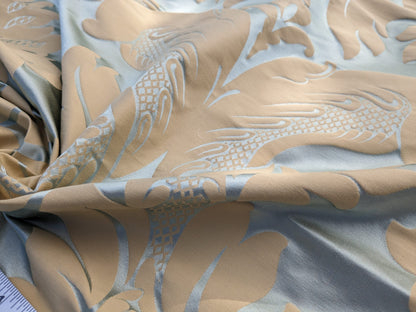 By Yard Loggia Silk Cotton Renaissance Damask Satin Aqua Light Blue Beige  Highest Quality MSRP USD 500+/Y