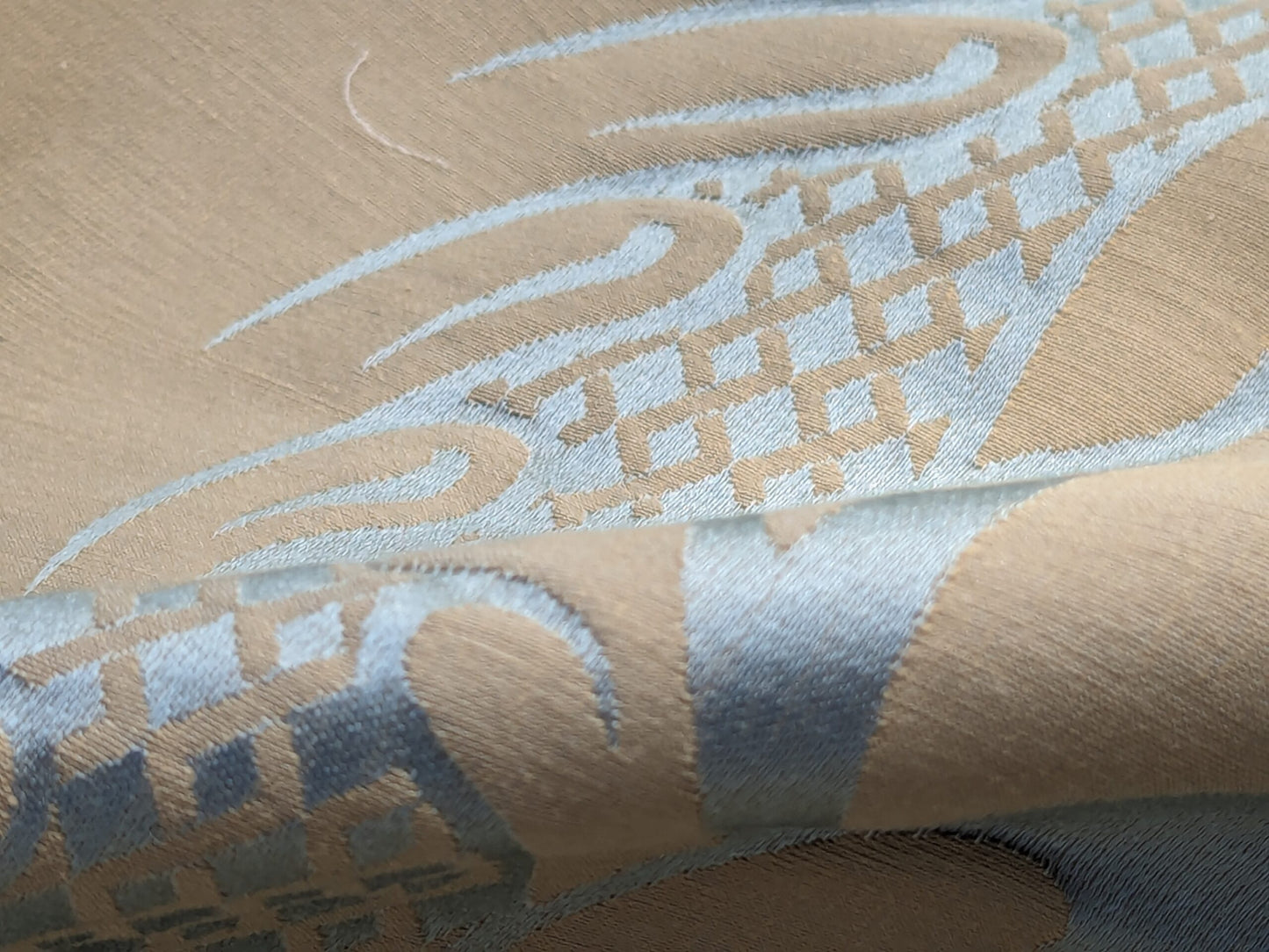 By Yard Loggia Silk Cotton Renaissance Damask Satin Aqua Light Blue Beige  Highest Quality MSRP USD 500+/Y
