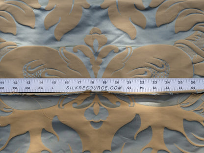 By Yard Loggia Silk Cotton Renaissance Damask Satin Aqua Light Blue Beige  Highest Quality MSRP USD 500+/Y