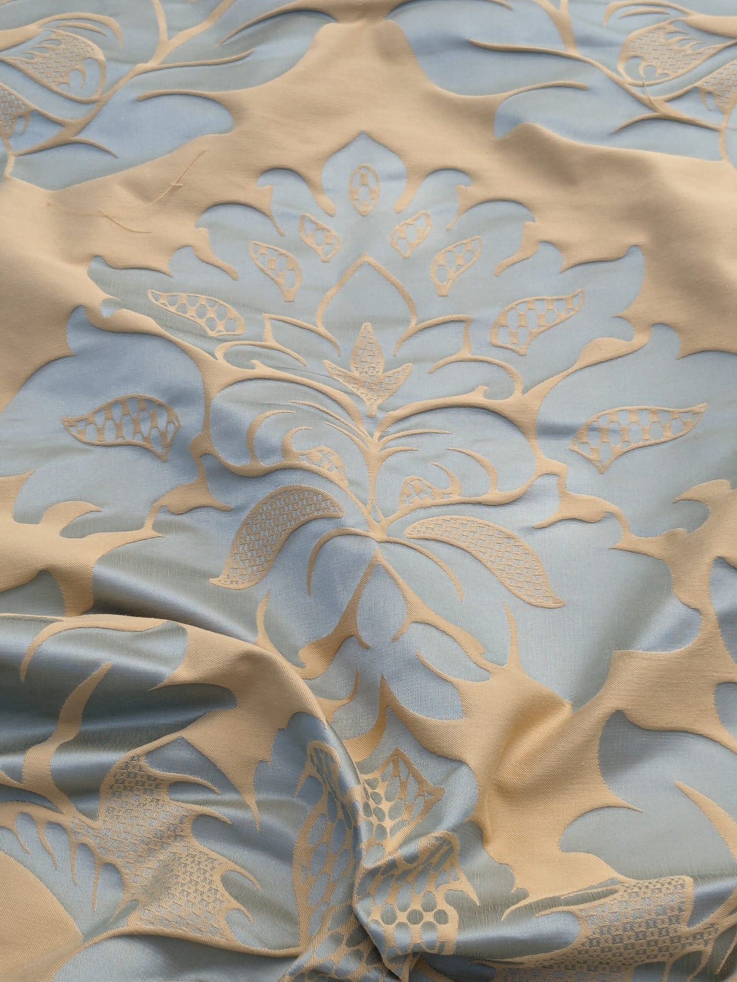 By Yard Loggia Silk Cotton Renaissance Damask Satin Aqua Light Blue Beige  Highest Quality MSRP USD 500+/Y