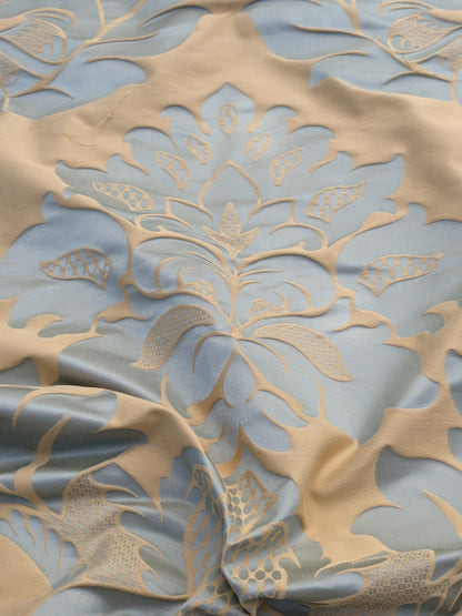 By Yard Loggia Silk Cotton Renaissance Damask Satin Aqua Light Blue Beige  Highest Quality MSRP USD 500+/Y