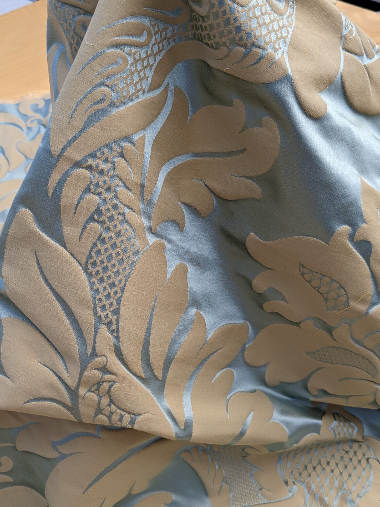 By Yard Loggia Silk Cotton Renaissance Damask Satin Aqua Light Blue Beige  Highest Quality MSRP USD 500+/Y