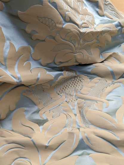 By Yard Loggia Silk Cotton Renaissance Damask Satin Aqua Light Blue Beige  Highest Quality MSRP USD 500+/Y