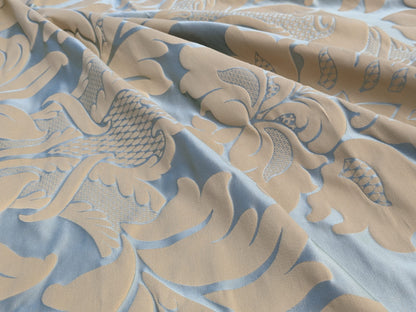 By Yard Loggia Silk Cotton Renaissance Damask Satin Aqua Light Blue Beige  Highest Quality MSRP USD 500+/Y