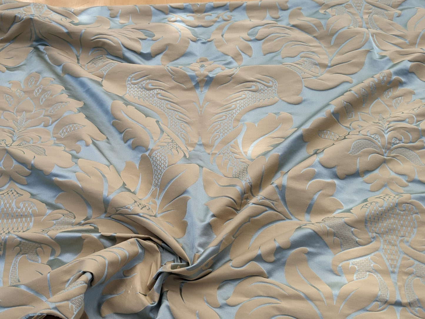 By Yard Loggia Silk Cotton Renaissance Damask Satin Aqua Light Blue Beige  Highest Quality MSRP USD 500+/Y