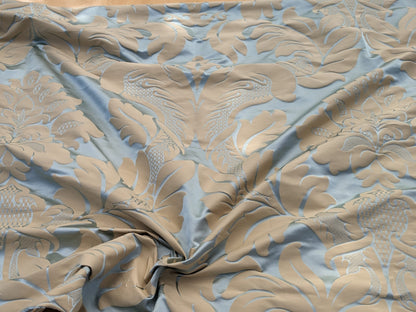 By Yard Loggia Silk Cotton Renaissance Damask Satin Aqua Light Blue Beige  Highest Quality MSRP USD 500+/Y