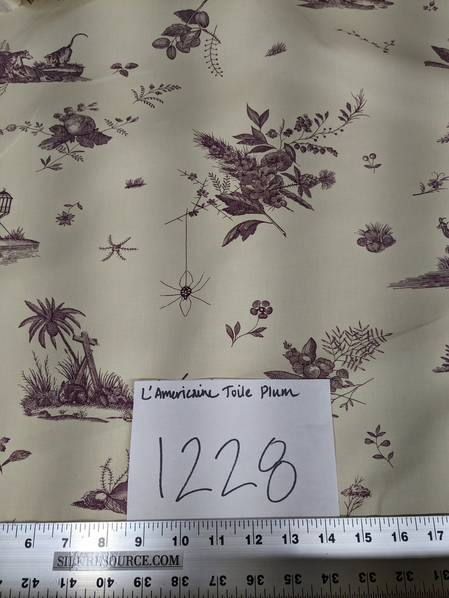 Brunschwig &amp; Fils Chinoisere A L'americaine Toile Berry Plum Deep Purple White Cotton Bird Animal Spider from Mount Vernon Bty