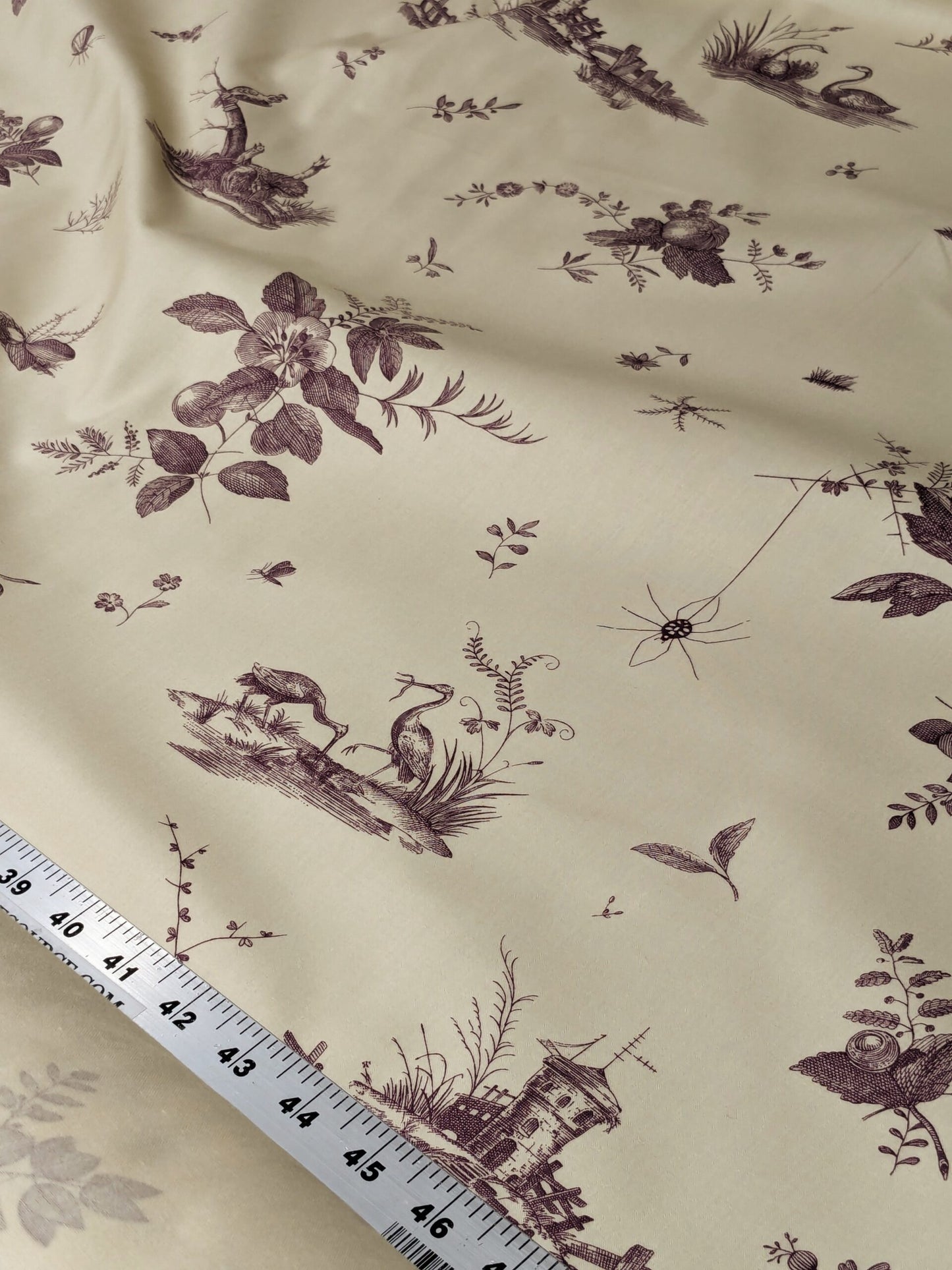 Brunschwig &amp; Fils Chinoisere A L'americaine Toile Berry Plum Deep Purple White Cotton Bird Animal Spider from Mount Vernon Bty