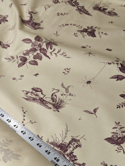 Brunschwig &amp; Fils Chinoisere A L'americaine Toile Berry Plum Deep Purple White Cotton Bird Animal Spider from Mount Vernon Bty