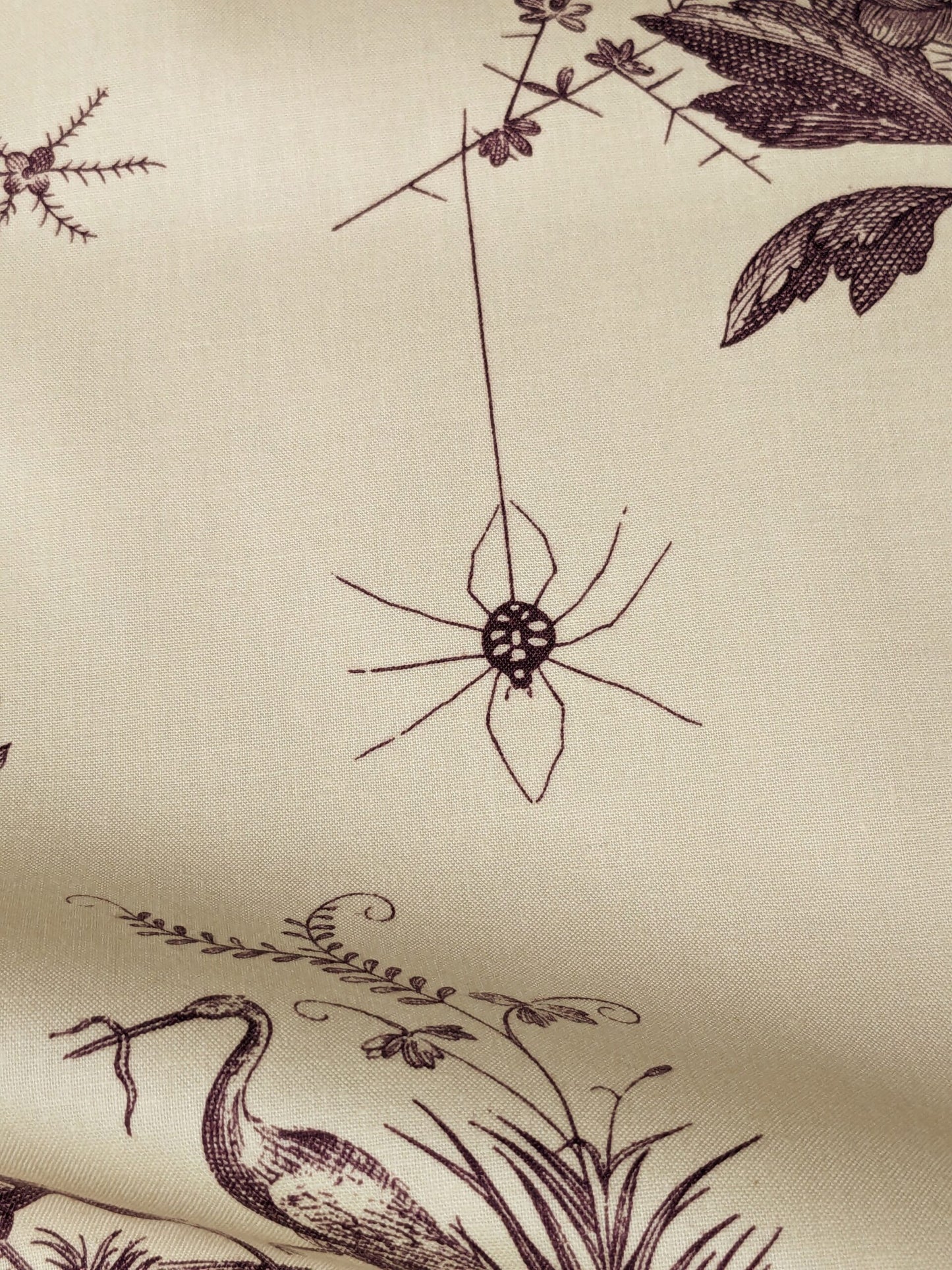 Brunschwig &amp; Fils Chinoisere A L'americaine Toile Berry Plum Deep Purple White Cotton Bird Animal Spider from Mount Vernon Bty