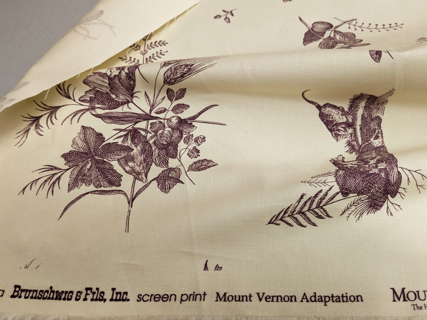 Brunschwig &amp; Fils Chinoisere A L'americaine Toile Berry Plum Deep Purple White Cotton Bird Animal Spider from Mount Vernon Bty