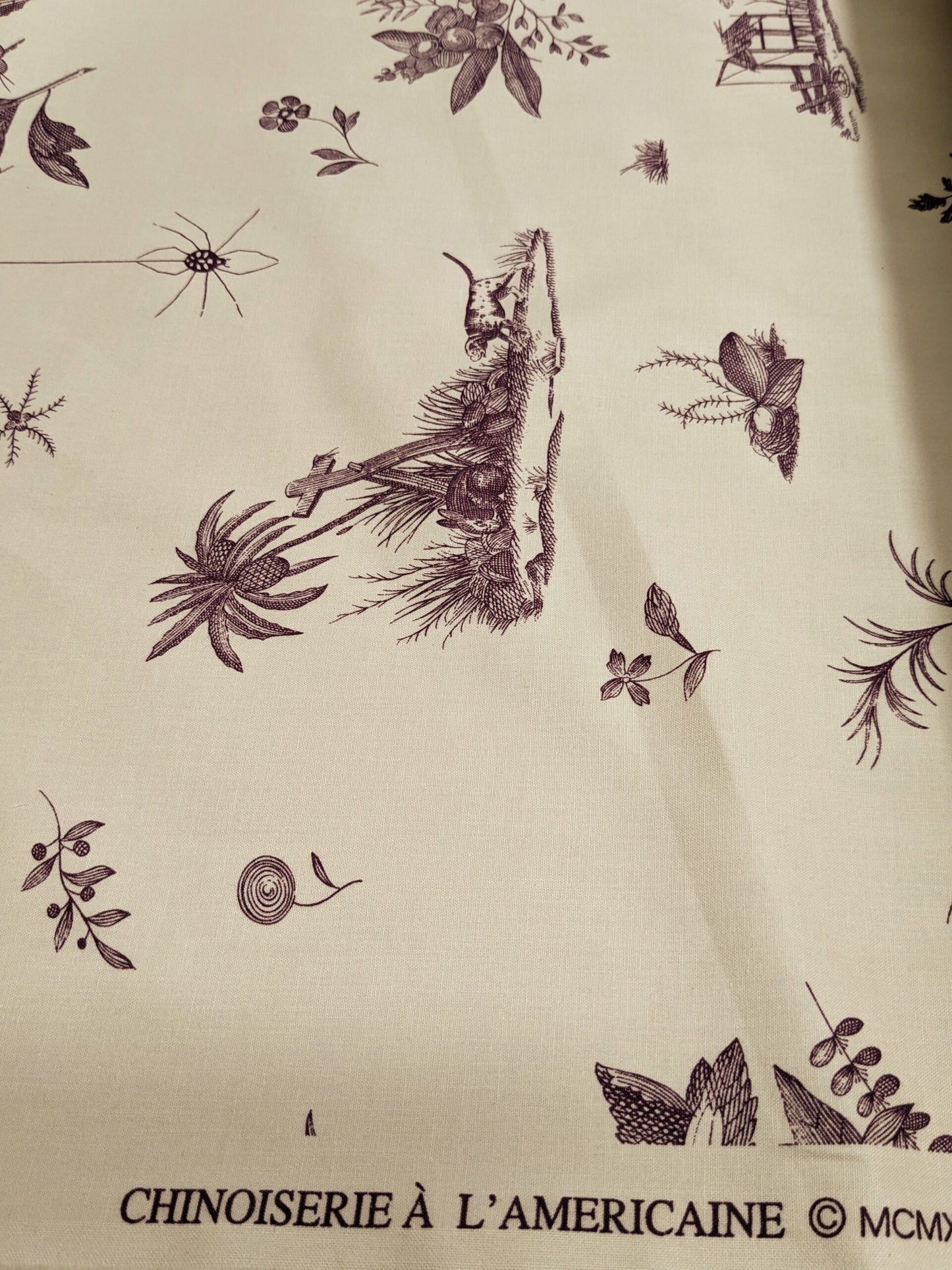 Brunschwig &amp; Fils Chinoisere A L'americaine Toile Berry Plum Deep Purple White Cotton Bird Animal Spider from Mount Vernon Bty