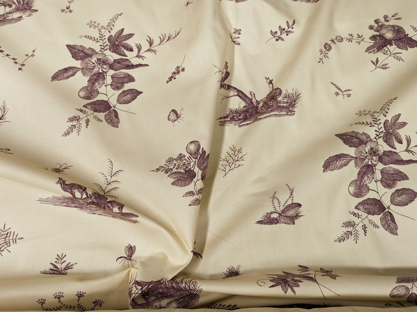Brunschwig &amp; Fils Chinoisere A L'americaine Toile Berry Plum Deep Purple White Cotton Bird Animal Spider from Mount Vernon Bty