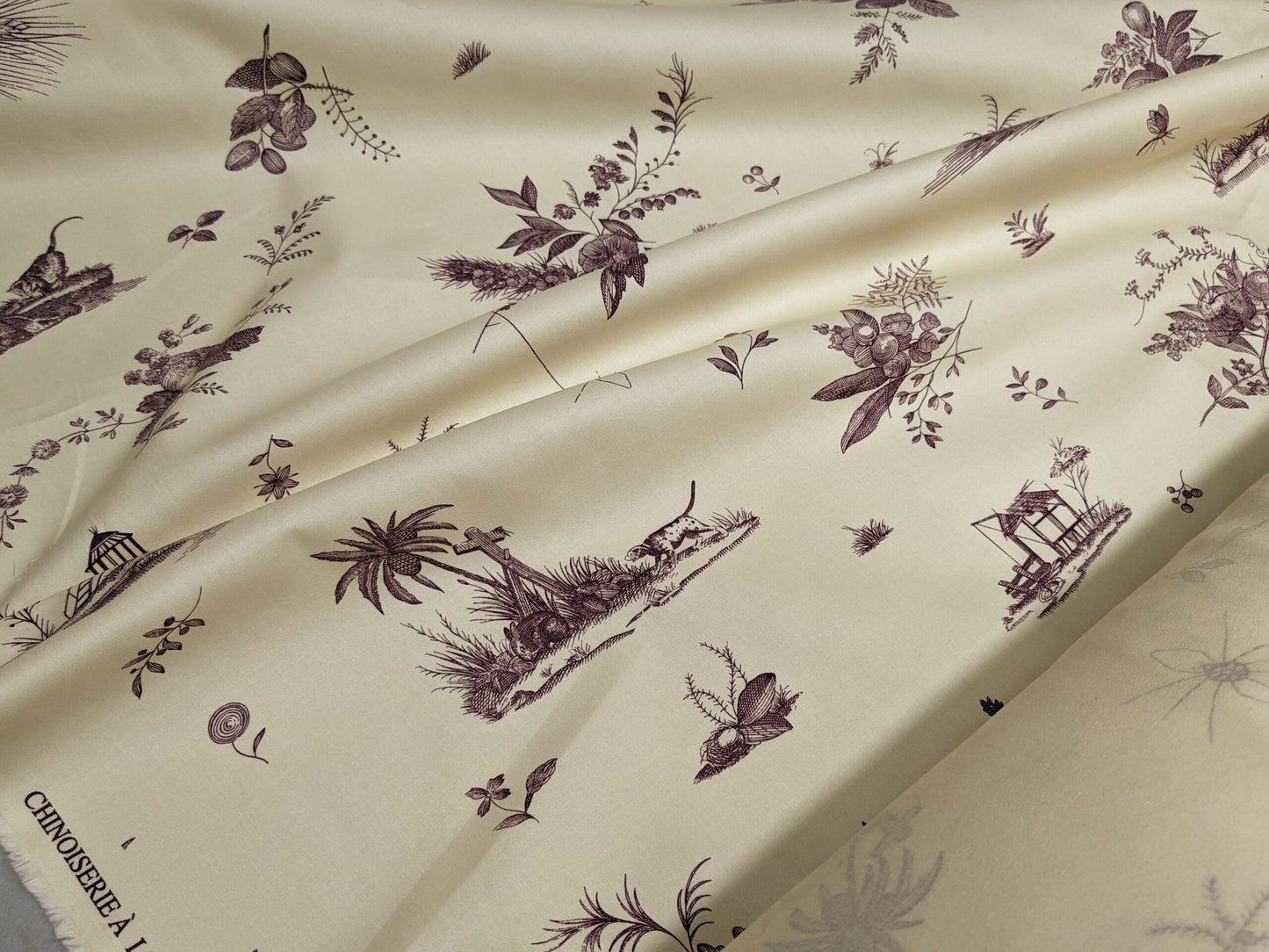 Brunschwig &amp; Fils Chinoisere A L'americaine Toile Berry Plum Deep Purple White Cotton Bird Animal Spider from Mount Vernon Bty
