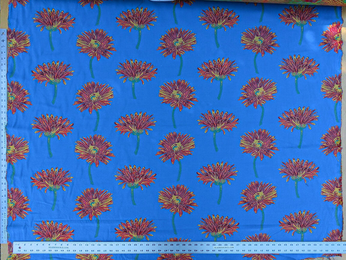 By yard High End Designer Lampas Orange Red Daisy on Blue Heavy! (1561)