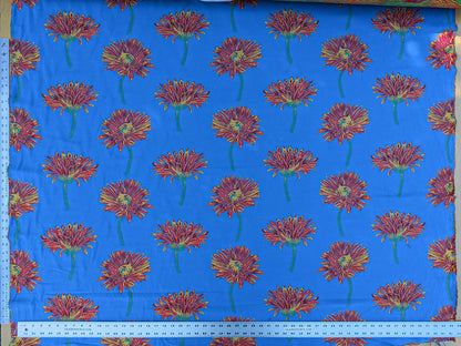 By yard High End Designer Lampas Orange Red Daisy on Blue Heavy! (1561)