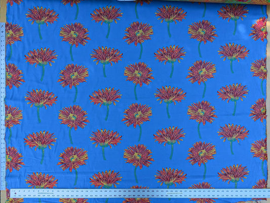By yard High End Designer Lampas Orange Red Daisy on Blue Heavy! (1561)