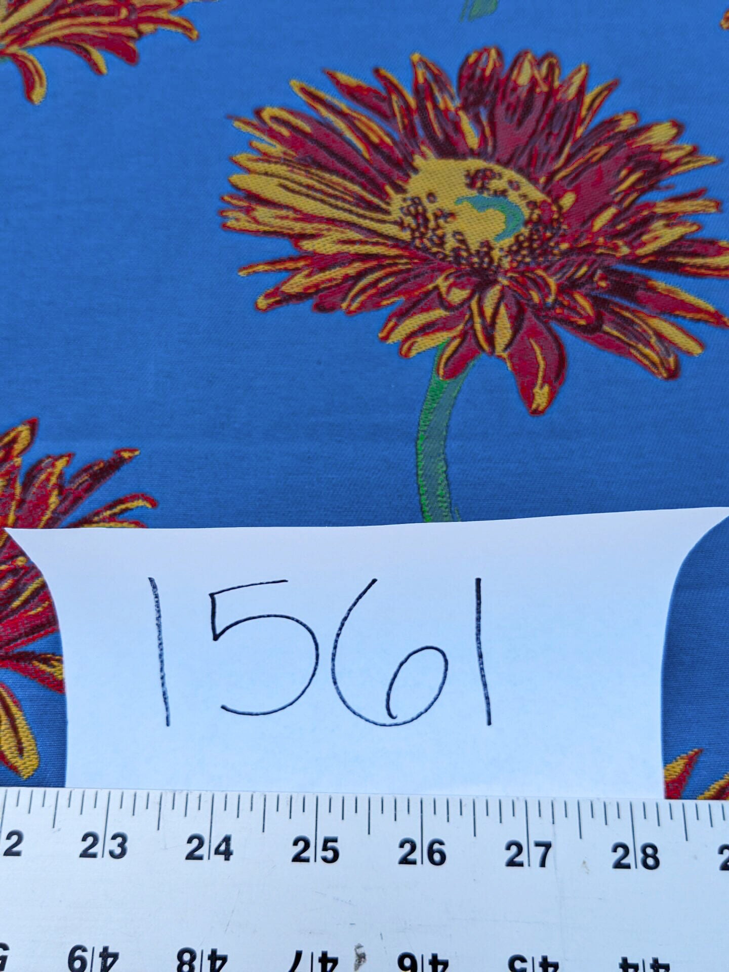 By yard High End Designer Lampas Orange Red Daisy on Blue Heavy! (1561)