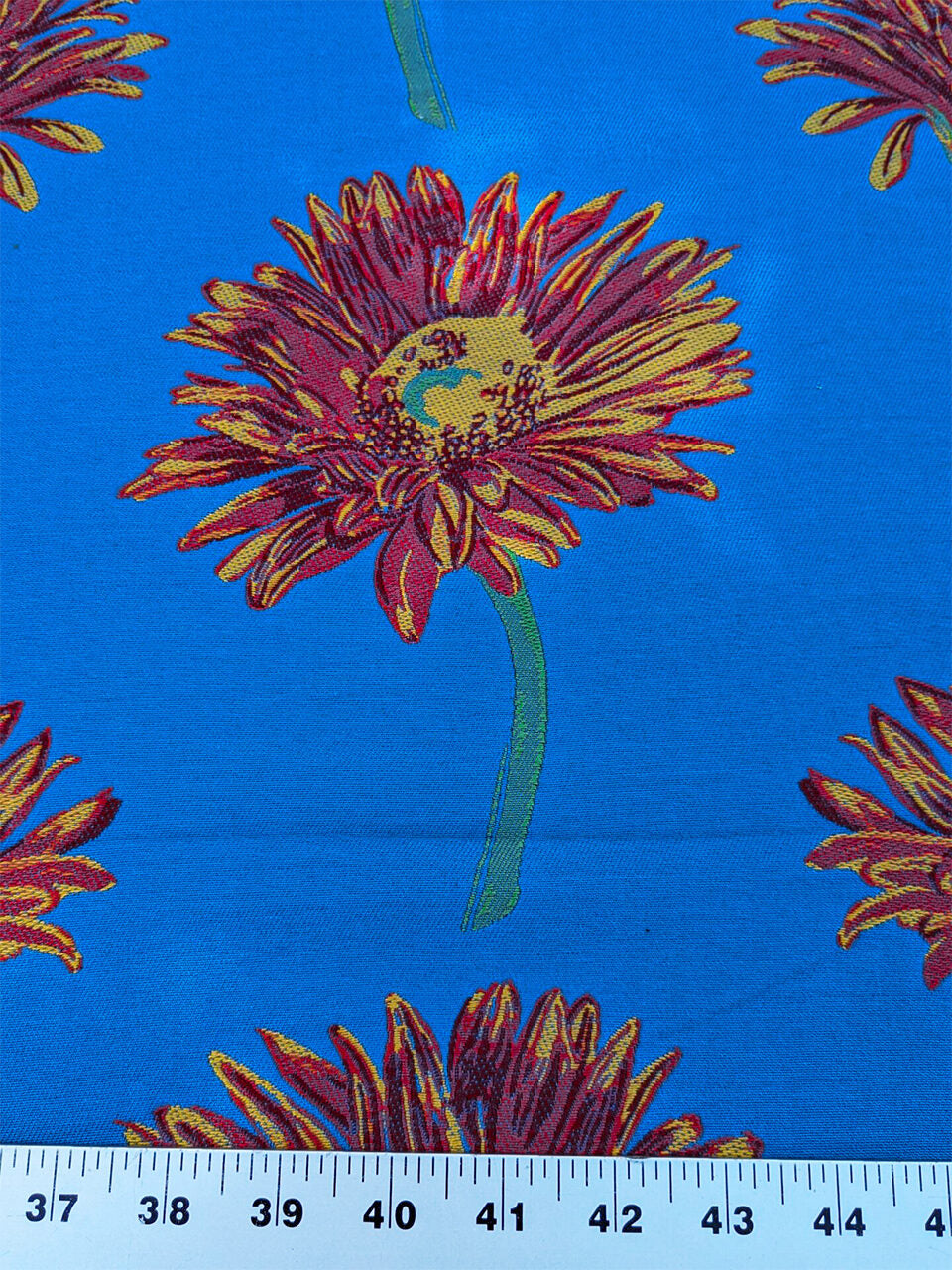 By yard High End Designer Lampas Orange Red Daisy on Blue Heavy! (1561)