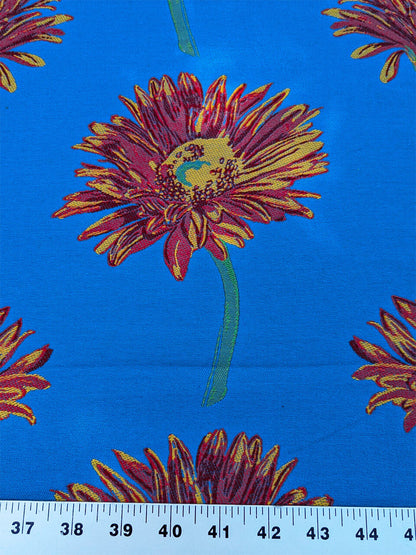 By yard High End Designer Lampas Orange Red Daisy on Blue Heavy! (1561)
