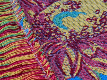 By yard High End Designer Lampas Orange Red Daisy on Blue Heavy! (1561)