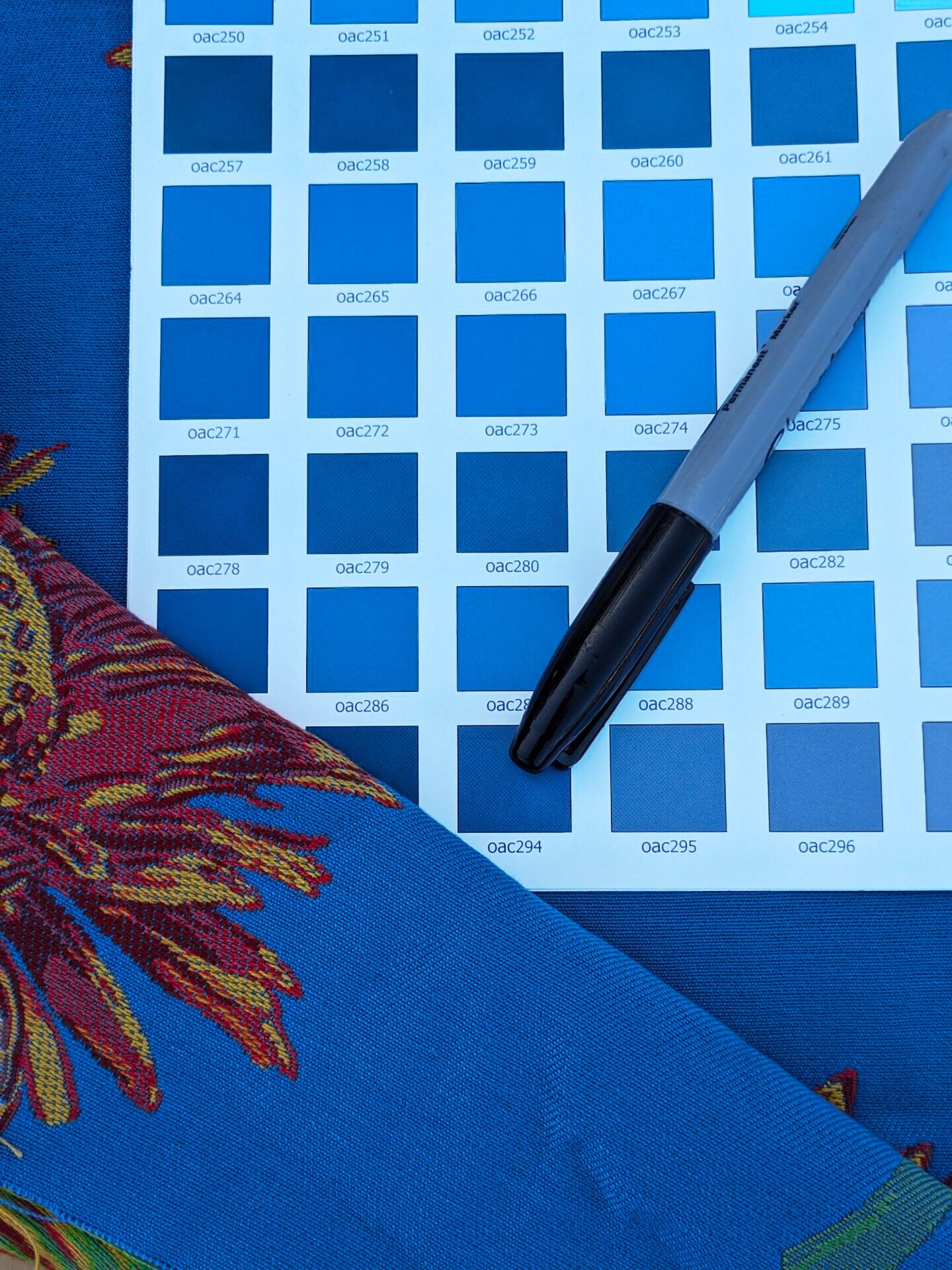 By yard High End Designer Lampas Orange Red Daisy on Blue Heavy! (1561)