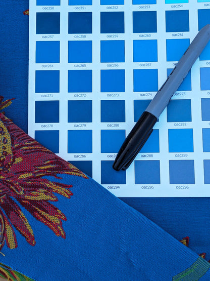 By yard High End Designer Lampas Orange Red Daisy on Blue Heavy! (1561)