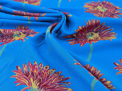 By yard High End Designer Lampas Orange Red Daisy on Blue Heavy! (1561)