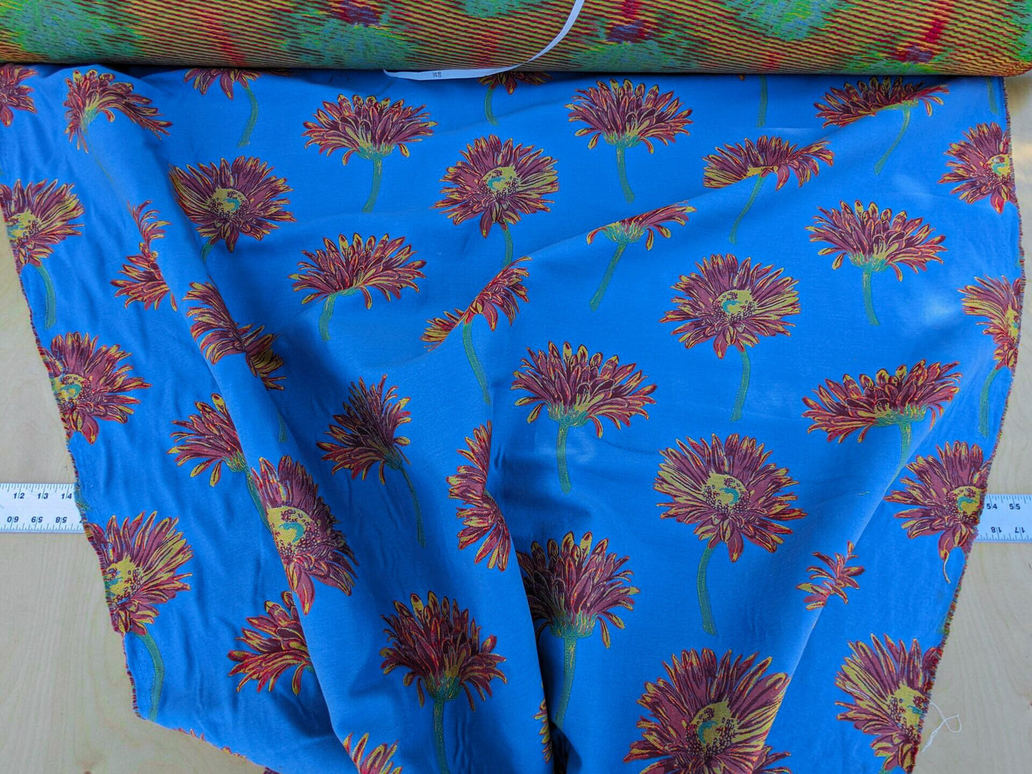 By yard High End Designer Lampas Orange Red Daisy on Blue Heavy! (1561)
