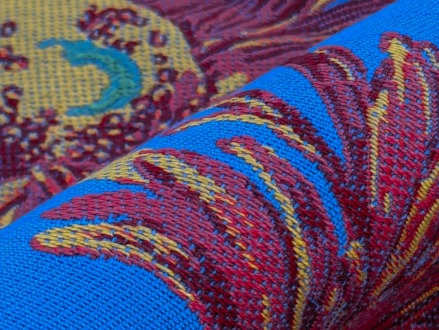 By yard High End Designer Lampas Orange Red Daisy on Blue Heavy! (1561)