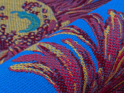 By yard High End Designer Lampas Orange Red Daisy on Blue Heavy! (1561)