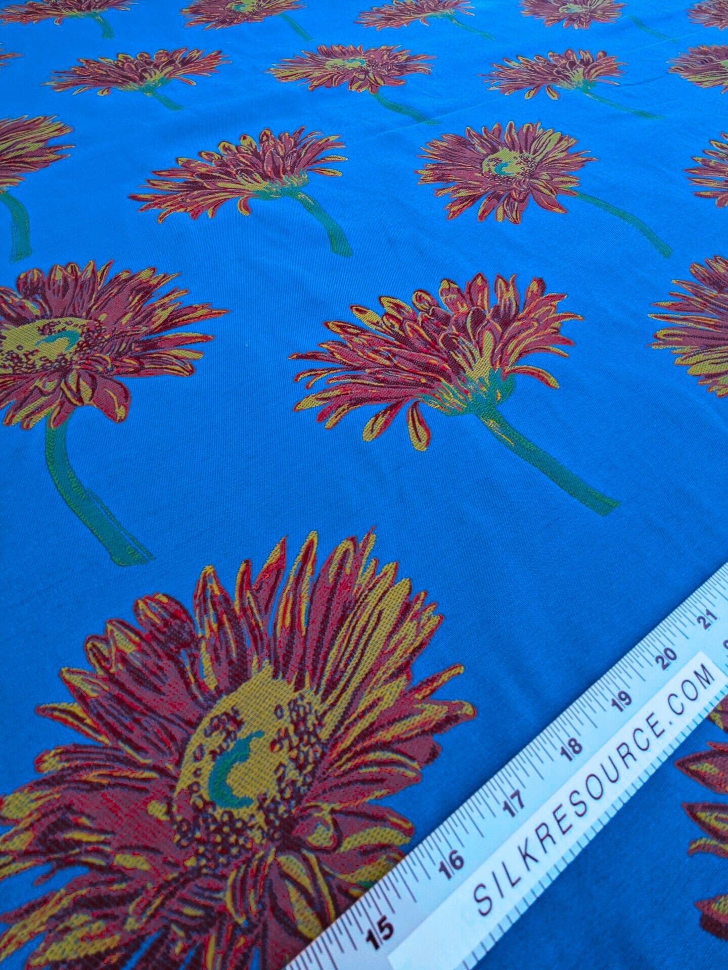 By yard High End Designer Lampas Orange Red Daisy on Blue Heavy! (1561)