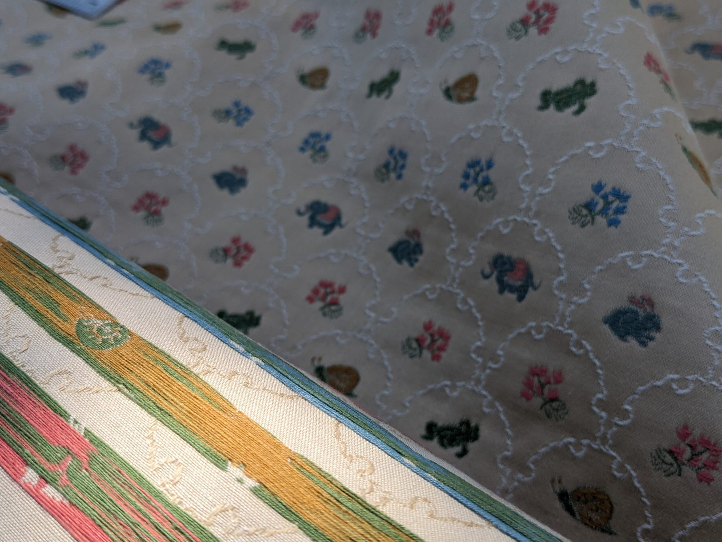 By Yd Kravet Zoology Weave Cotton Spring Animals Bunny Frog Elephant Snail Green Blue Pink on Tan MSRP USD 142/Y