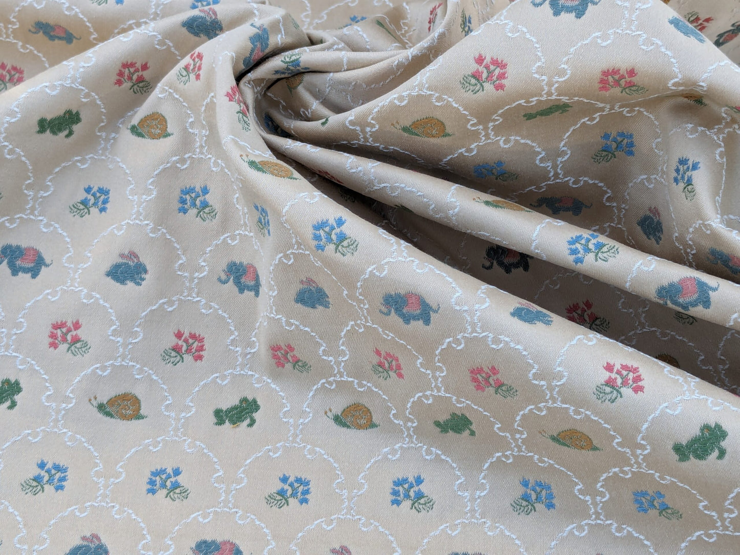 By Yd Kravet Zoology Weave Cotton Spring Animals Bunny Frog Elephant Snail Green Blue Pink on Tan MSRP USD 142/Y