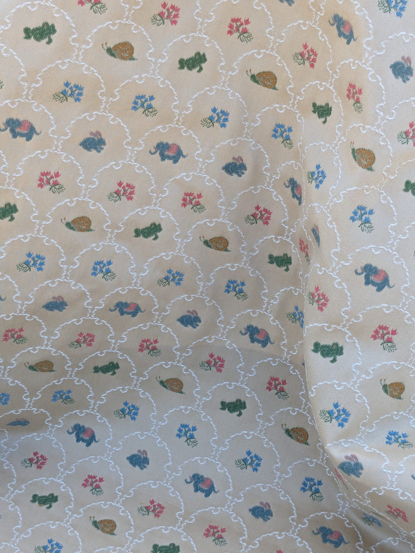 By Yd Kravet Zoology Weave Cotton Spring Animals Bunny Frog Elephant Snail Green Blue Pink on Tan MSRP USD 142/Y